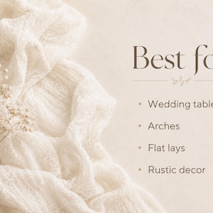 May include: A cream-colored, textured fabric runner draped alongside a sprig of baby's breath flowers. The text reads: Best for, Wedding tables, Arches, Flat lays, Rustic decor. The background is a solid, light beige color with a decorative line.