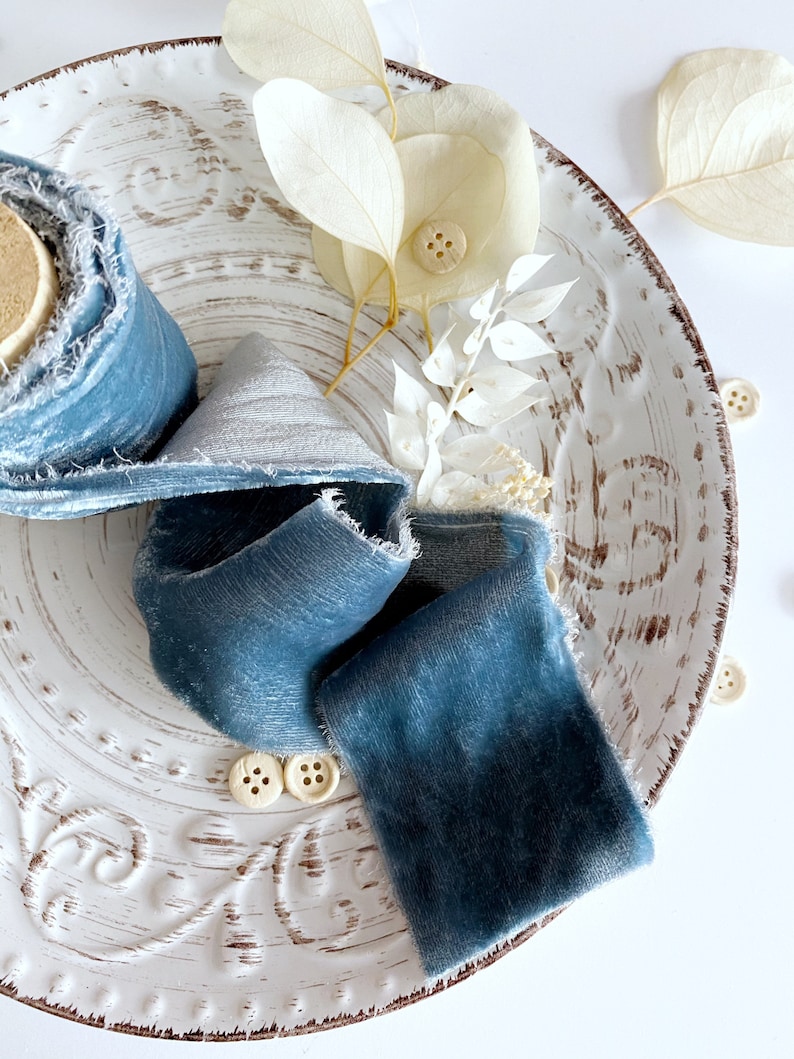DUSTY BLUE Ribbon Silk Velvet Ribbon Bridal Bouquet Hand Dyed Ribbon Rustic Style Wedding Photography Bouquet Accessories Decorative Ribbon