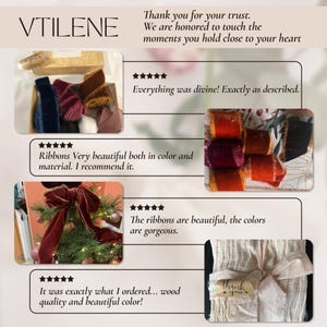 The image is a collage of several photos featuring ribbons and bows in various colors and arrangements. The text in the image expresses gratitude and appreciation for the trust placed in the brand, describing the ribbons as beautiful, the colors as gorgeous, and the quality as excellent. The text also mentions that the ribbons were exactly what the customer ordered, and the bows are described as swood quality and beautiful.