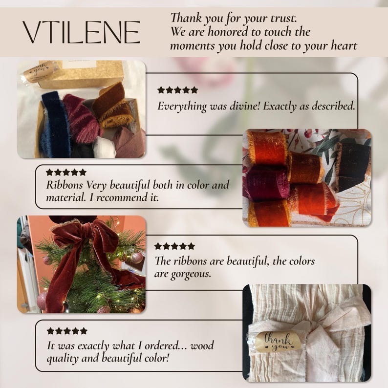 The image is a collage of several photos featuring ribbons and bows in various colors and arrangements. The text in the image expresses gratitude and appreciation for the trust placed in the brand, describing the ribbons as beautiful, the colors as gorgeous, and the quality as excellent. The text also mentions that the ribbons were exactly what the customer ordered, and the bows are described as swood quality and beautiful.