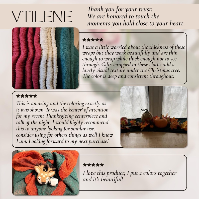 The image is a collage of three photos featuring a variety of textured fabrics, a reindeer, and a pumpkin. The text in the collage expresses gratitude and appreciation for the trust placed in the product, and describes the product as a beautiful and functional addition to a Thanksgiving centerpiece.