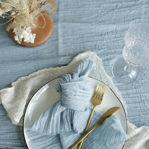 Handmade Cheesecloth Table Runner, Dusty Blue Double Gauze Table Cover, Light and Dark Dusty Blue Color Double Gauze Fabric image 9