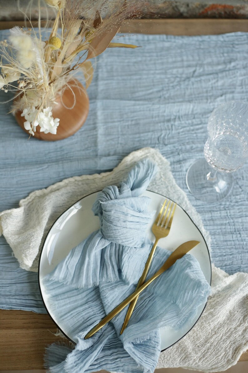 Handmade Cheesecloth Table Runner, Dusty Blue Double Gauze Table Cover, Light and Dark Dusty Blue Color Double Gauze Fabric image 9
