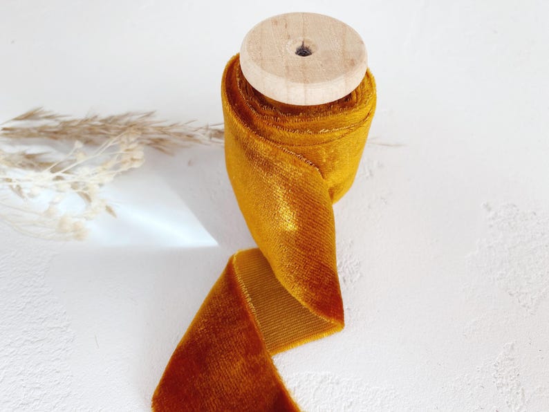 Bouquet Ribbon, Burnt Orange Silk Velvet Ribbon, Hand Dyed Wedding Bouquet Ribbon on Wooden Spool, Luxury Floral Styling & Rustic Fall Decor image 4