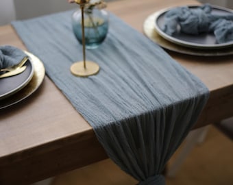 Blue Gauze Table Runner, Hand Dyed Cotton Cheesecloth for Coastal Wedding Decor