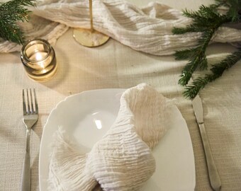 Ivory Gauze Table Runner and Napkin Set, Fringed Cotton Wedding Table Linens