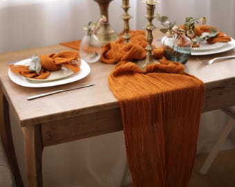 Burnt Orange Cheesecloth Table Runner and Napkins, Hand Dyed Gauze Wedding Decor