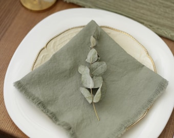 Sage Green Wedding Napkins, Hand Dyed Cotton Cloth Napkins, Frayed Edge Dinner Napkins, Reusable Table Decor
