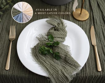Wedding Napkins in Cotton Gauze with Handmade Fringe, Dinner Sets & Bulk, 6 Colors
