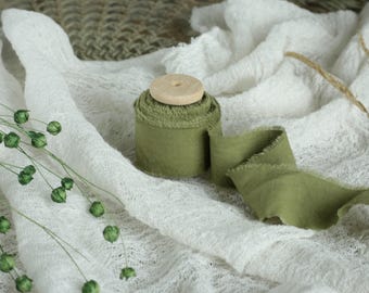 Hand Dyed Olive Cotton Ribbon, Soft Rustic Wedding Ribbon for Bouquets, Invitations Wrapping Ribbon, Elegant Table Decor