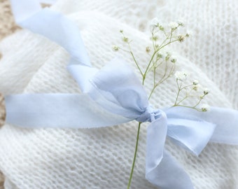 LIGHT DUSTY BLUE hand dyed silk+cotton ribbon for bridal bouquet Rustic wedding ribbon Silk invitations ribbon