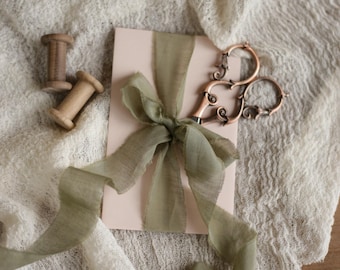 Hand-Dyed Olive Green Silk Ribbon: Frayed Wedding Bouquet Ribbon