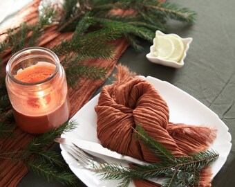 Terracotta Table Linen Set: Dense Cotton Gauze Runner and Fringed Napkins