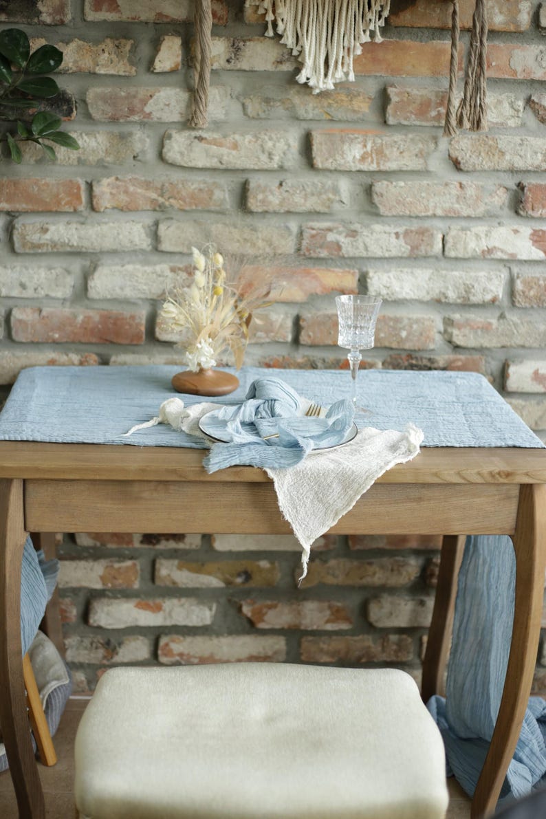 Handmade Cheesecloth Table Runner, Dusty Blue Double Gauze Table Cover, Light and Dark Dusty Blue Color Double Gauze Fabric image 8
