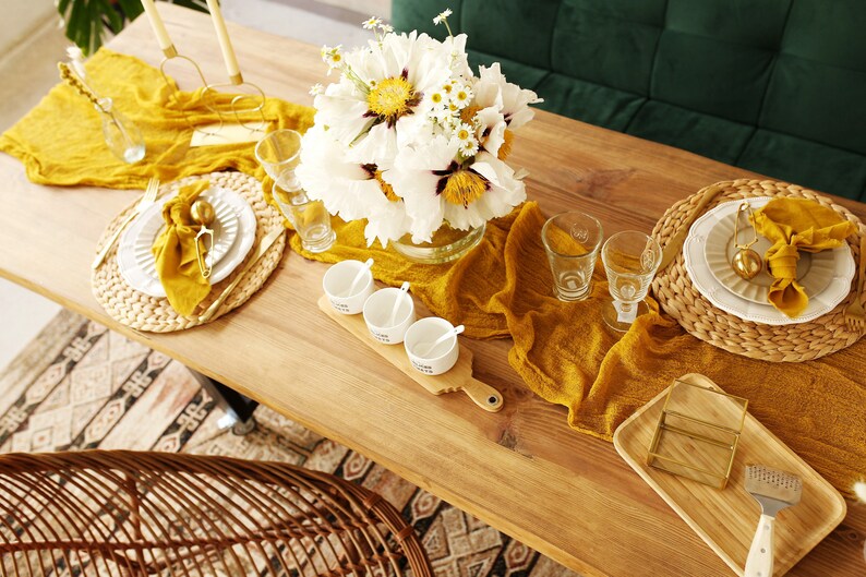 MUSTARD yellow gauze runner Mustard wedding table runner Eco table decor Photo shoot table runner Made in Ukraine image 4