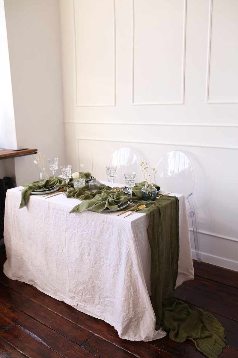 Cheesecloth table runner / Romantic wedding decorations / Olive table runner / Wedding cake table decor / Altar cloth / Cloth napkins image 9