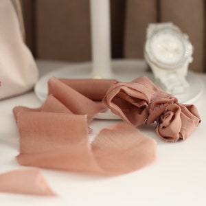 CINNAMON ROSE hand dyed silk ribbon for bridal bouquet Peony rustic wedding ribbon Gorgeous silkcotton matte ribbon in pressed rose color image 3