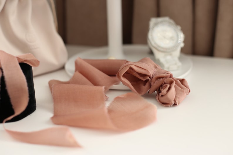 CINNAMON ROSE hand dyed silk ribbon for bridal bouquet Peony rustic wedding ribbon Gorgeous silkcotton matte ribbon in pressed rose color image 3