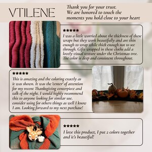 The image is a collage of three photos featuring a variety of textured fabrics, a reindeer, and a pumpkin. The text in the collage expresses gratitude and appreciation for the trust placed in the product, and describes the product as a beautiful and functional addition to a Thanksgiving centerpiece.