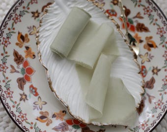 Bouquet Ribbon, Sage Green Silk Ribbon, Wedding Bouquet Wrap, Invitation Ribbon, Hand Dyed Frayed Edge Ribbon