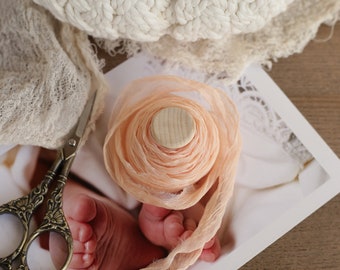 Silk organza ribbon / Peach ribbon / Hand dyed silk ribbon / Crinkle silk / Hand torn ribbon