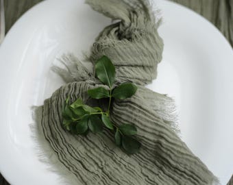 Dark Sage Green Gauze Napkins, Dense Cheesecloth Wedding Napkins, Frayed Edge Crinkled Table Decor, Hand Dyed 60gsm Gauze
