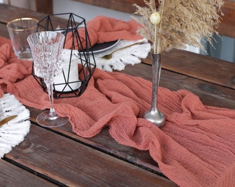 CANYON CLAY gauze runner with crinkle texture / Made in Ukraine / Hand dyed eco-friendly cheesecloth