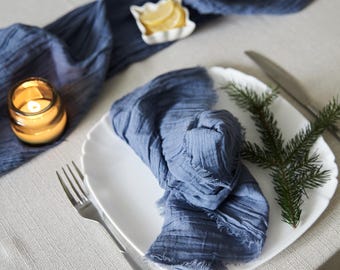 Steel Blue Gauze Table Runner and Cheesecloth Napkins for Weddings