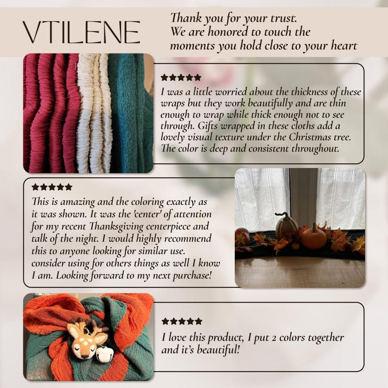 The image is a collage of three photos featuring a variety of textured fabrics, a reindeer, and a pumpkin. The text in the collage expresses gratitude and appreciation for the trust placed in the product, and describes the product as a beautiful and functional addition to a Thanksgiving centerpiece.