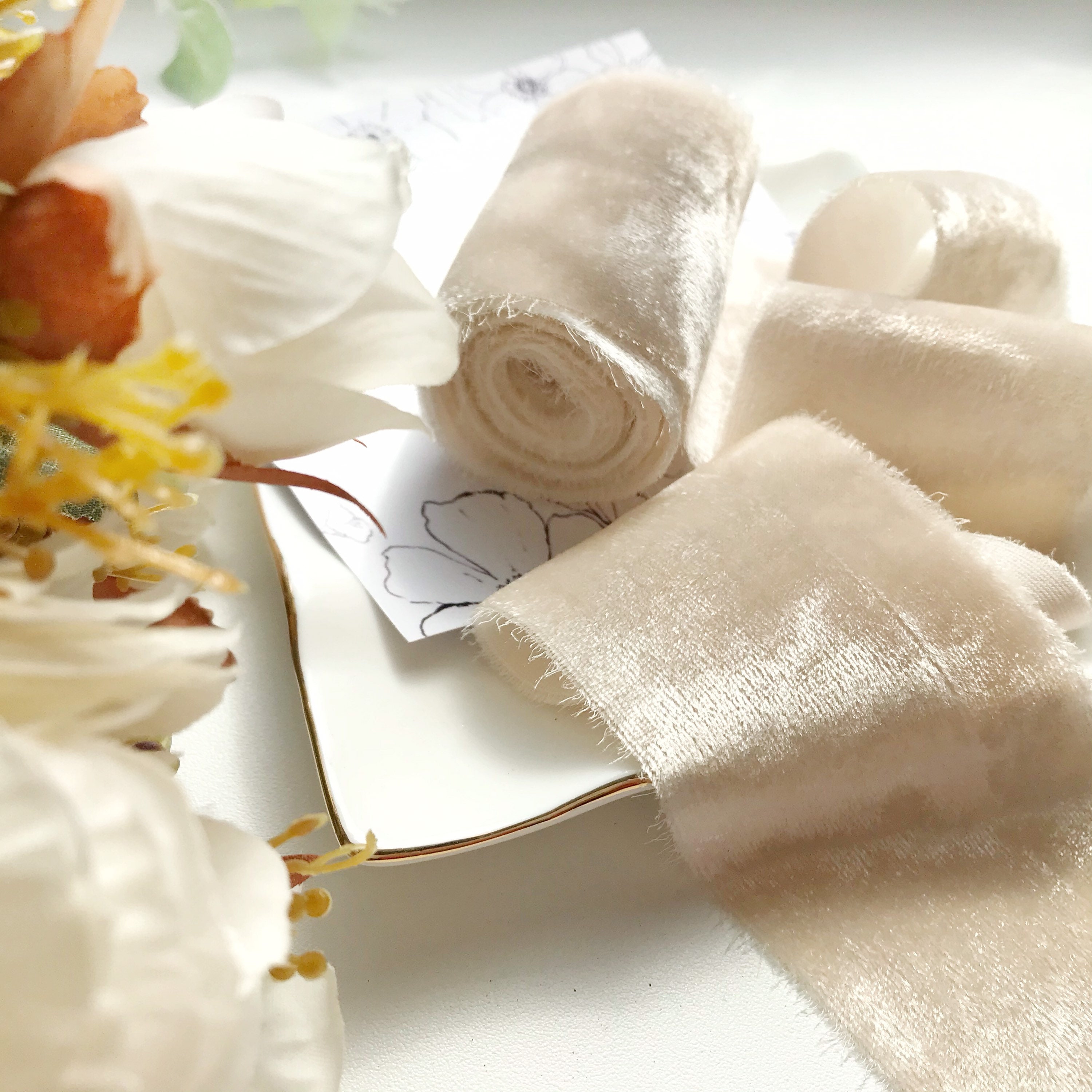 IVORY silk velvet ribbon Cream bridal bouquet hand dyed ribbon Etsy