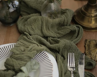 Sage Green Cheesecloth Table Runner, Cotton Gauze Wedding Table Runner, Rustic Boho Table Decor, Hand Dyed Wedding Runner