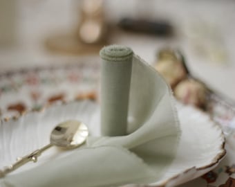 Sage Green Hand-Dyed Silk Ribbon, Frayed Edge Wedding Bouquet Invitation Ribbon