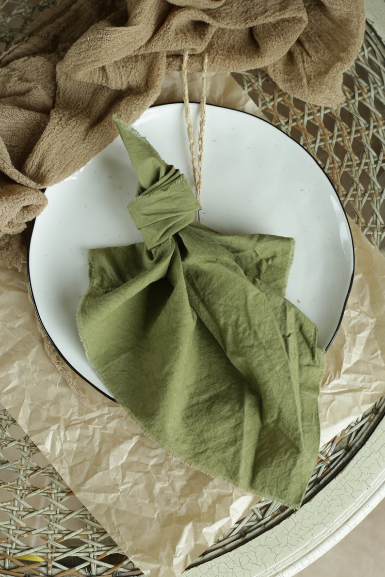 OLIVE cotton napkins / Raw edges / Plant hand dyed / Simple, useful and sustainable made napkins / Made in Ukraine / Green cotton napkins image 1