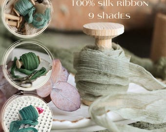 Green Silk Ribbon Hand Dyed with Soft Frayed Edges, Wedding Bouquet Decor