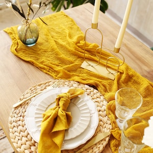 MUSTARD yellow gauze runner Mustard wedding table runner Eco table decor Photo shoot table runner Made in Ukraine image 1