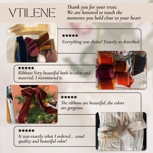 The image is a collage of several photos featuring ribbons and bows in various colors and arrangements. The text in the image expresses gratitude and appreciation for the trust placed in the brand, describing the ribbons as beautiful, the colors as gorgeous, and the quality as excellent. The text also mentions that the ribbons were exactly what the customer ordered, and the bows are described as swood quality and beautiful.