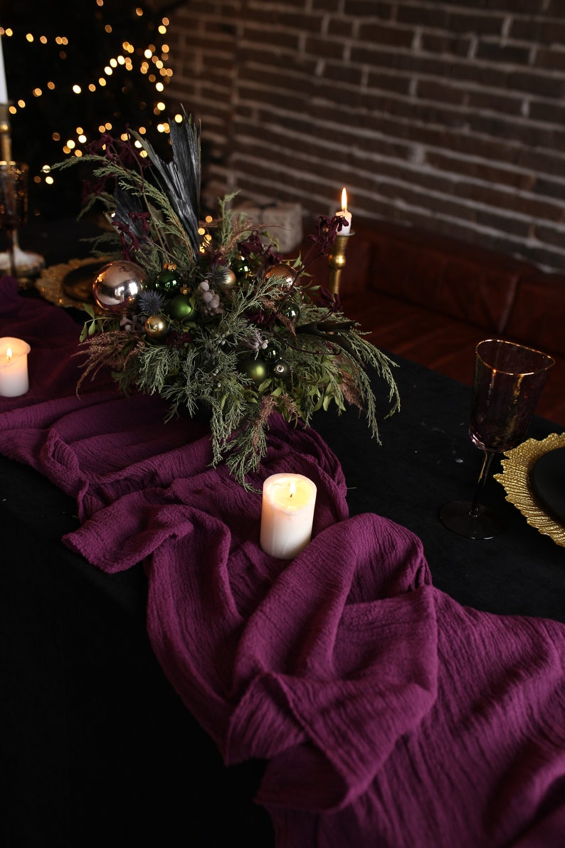 PLUM gauze runner with crinkle texture / rustic wedding decor / hand dyed cheesecloth image 6