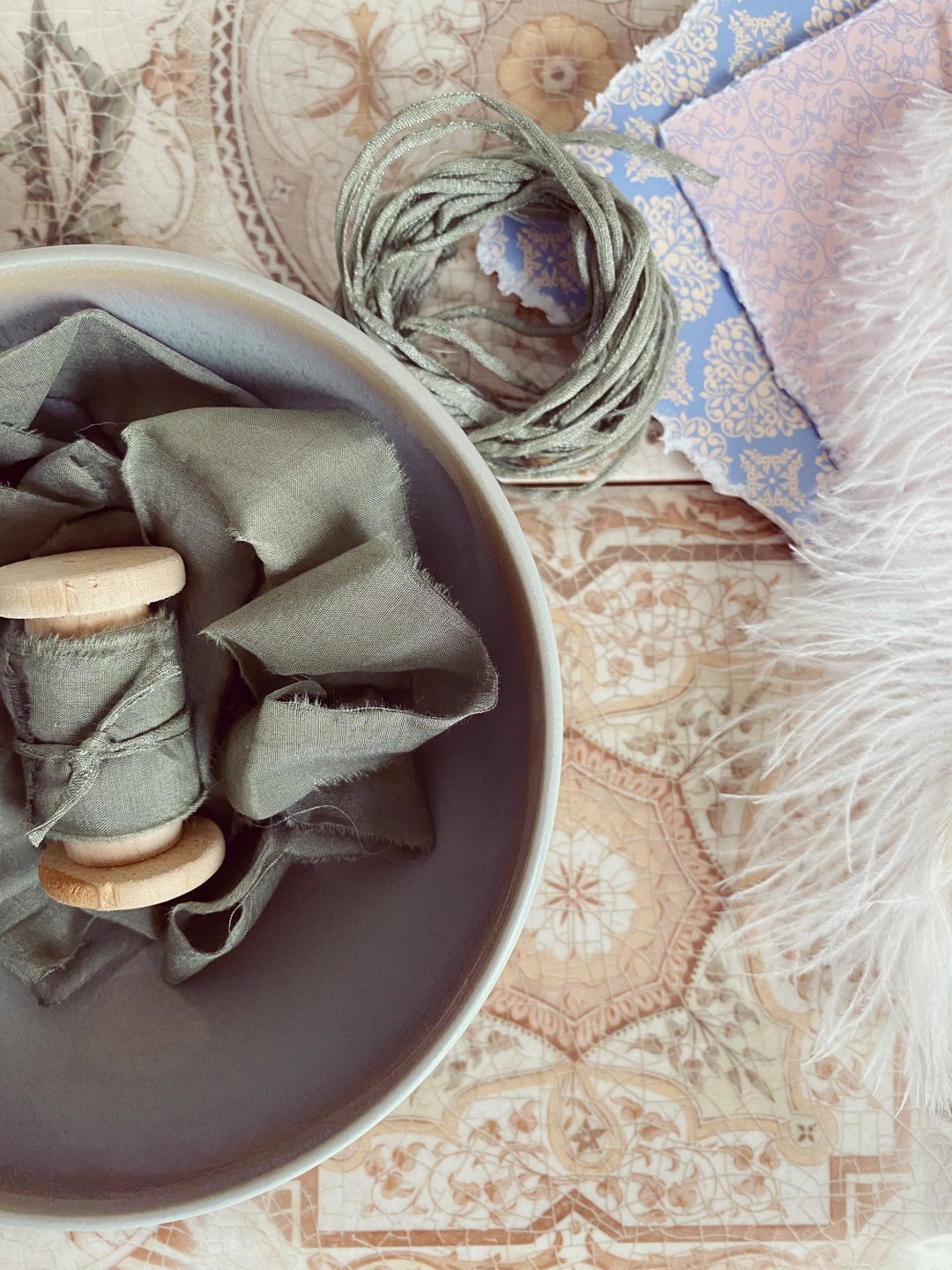 Handmade Ribbon Shirt Sage Green & Pink Flowers main image 0