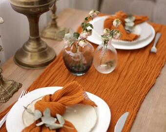 Burnt Orange Gauze Table Runner, Hand Dyed Cheesecloth Wedding Runner, Rustic Wedding Table Decor, Cotton Table Runner