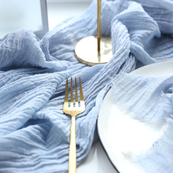 LIGHT DUSTY blue double gauze rustic cotton tablecloth runner Cheesecloth DOUBLE gauze 100% cotton Blue grey table runner