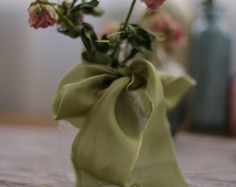 Hand dyed silk ribbon / Hand torn ribbon / Frayed edge ribbon / Gift wrapping ribbon / Green silk ribbon / Wedding ribbon / Fall ribbon