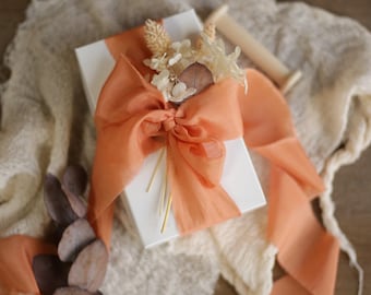 Terracotta Silk Blend Ribbon, Frayed Edge Wedding Ribbon in Burnt Orange, Rust and Copper