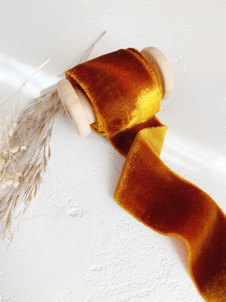 Bouquet Ribbon, Burnt Orange Silk Velvet Ribbon, Hand Dyed Wedding Bouquet Ribbon on Wooden Spool, Luxury Floral Styling & Rustic Fall Decor image 2