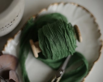 Hand dyed silk ribbon / Crinkle silk / Hand torn ribbon / Green silk ribbon