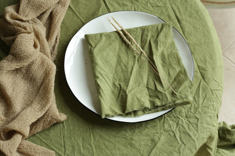 OLIVE cotton napkins / Raw edges / Plant hand dyed / Simple, useful and sustainable made napkins / Made in Ukraine / Green cotton napkins image 4