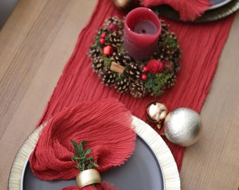 Marsala Christmas Table Runner Set, Burgundy Cheesecloth Runner and Cloth Napkins, Holiday Table Decor, New Year Tablescape
