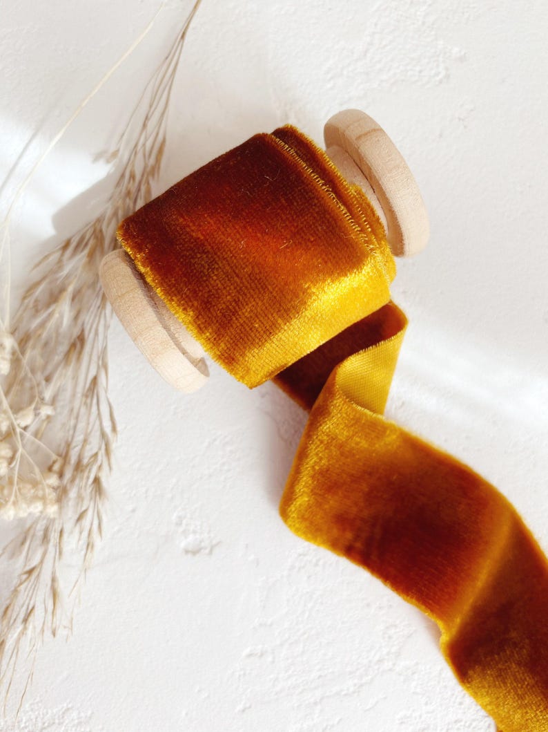 Bouquet Ribbon, Burnt Orange Silk Velvet Ribbon, Hand Dyed Wedding Bouquet Ribbon on Wooden Spool, Luxury Floral Styling & Rustic Fall Decor image 9