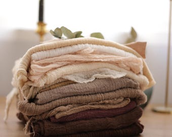 Warm Neutral Gauze Fabric Scraps, 10 Cotton Cheesecloth Remnants for Slow Stitching, Textile Art, Gift Wrap