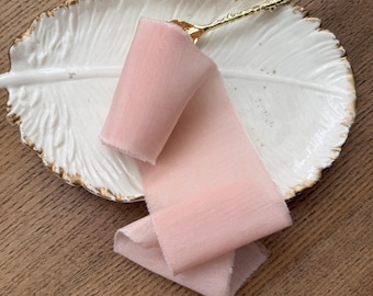 Blush Silk Ribbon for Bouquet, Frayed Matte Wedding Ribbon, Invitation Ribbon, Flat Lay Styling, Hand Dyed Bridal Ribbon