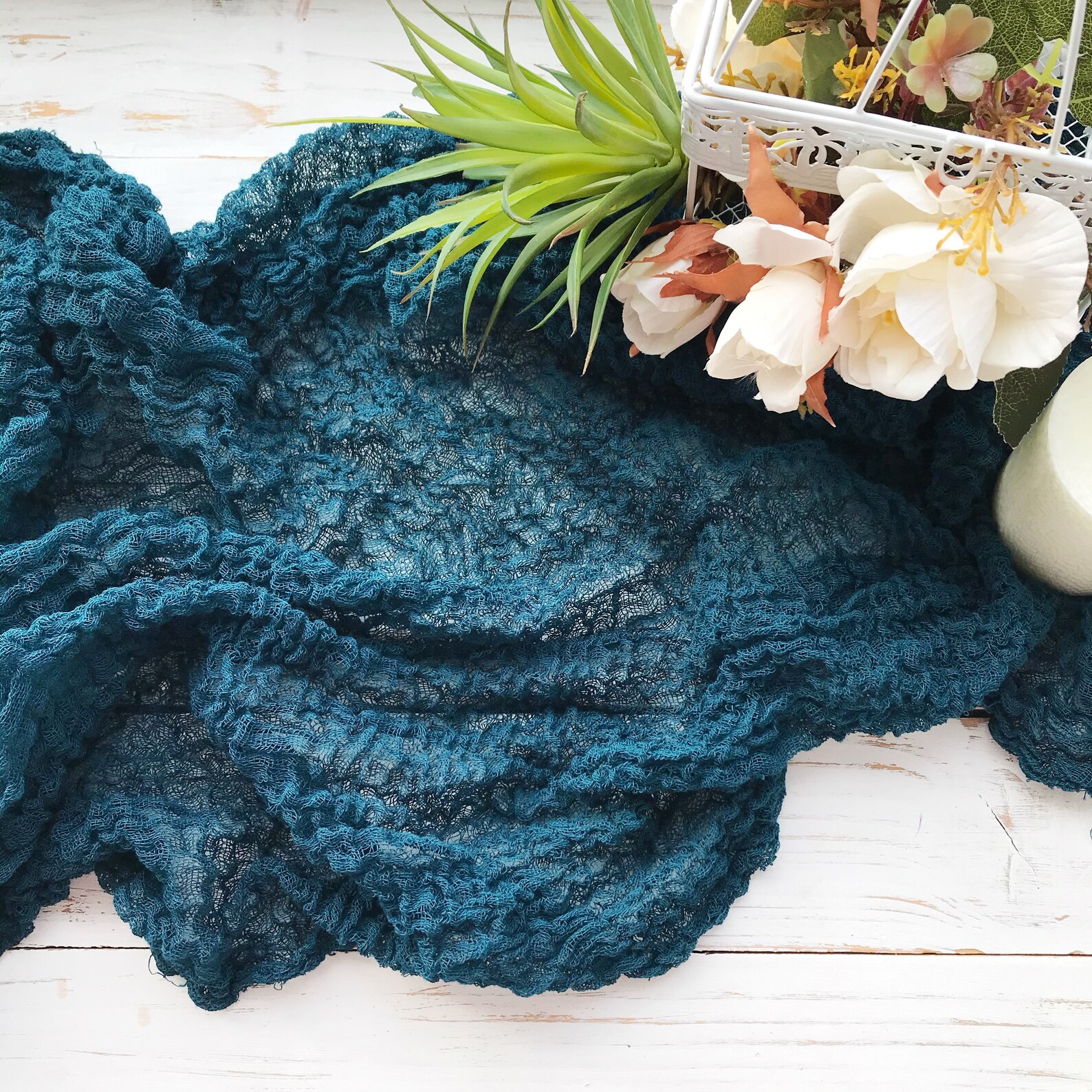 Teal blue gauze table runner Rustic cheesecloth runner Teal Etsy